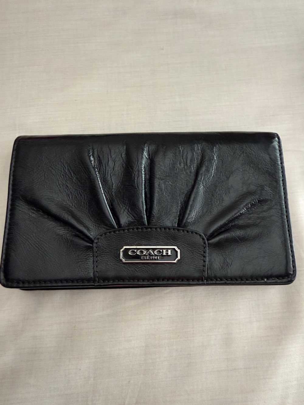 Coach Black Leather Continental Wallet with Logo Plaque